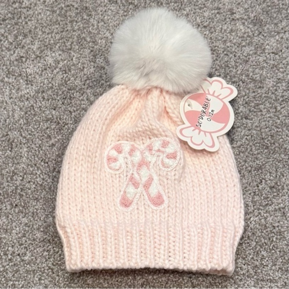 NWT So’Dorable light pink/ white candy canes knit hat size 0-12 months